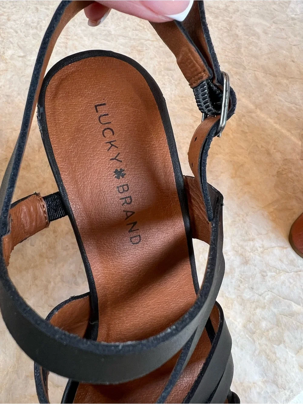 Lucky Brand Black Strappy Wood-Platform Wedge Sandals. Leather upper